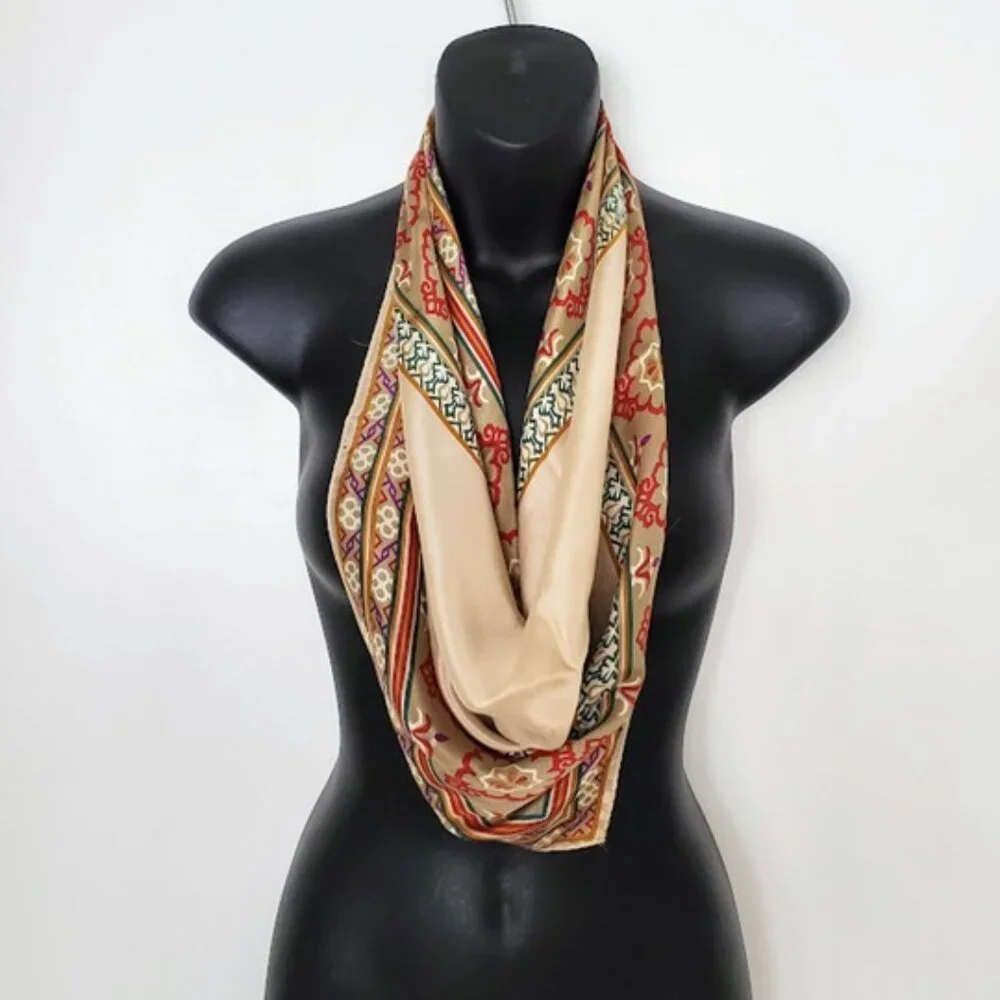 Satiny Multicolor Border Trim Scarf w Intricate Pattern 26" X 26" - Picture 4 of 6